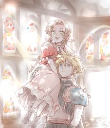 Rule 34 | 1boy, 1girl, aerith gainsborough, armor, belt, blonde hair, blue eyes, boots, braid, braided ponytail, brown hair, carrying over shoulder, choker, church, cloud strife, cropped jacket, dress, final fantasy, final fantasy vii, final fantasy vii remake, flower choker, full body, gamesuzume, gloves, green eyes, hair between eyes, hair ribbon, indoors, jacket, long dress, long hair, looking ahead, multiple belts, open mouth, parted bangs, pink dress, pink ribbon, puffy short sleeves, puffy sleeves, red jacket, ribbon, short hair, short sleeves, shoulder armor, sidelocks, sleeveless, sleeveless turtleneck, smile, spiked hair, square enix, stained glass, sunlight, suspenders, teeth, turtleneck, upper body, upper teeth only
