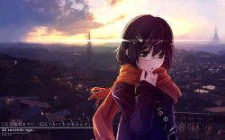 Rule 34 | 1girl, badge, brown hair, building, button badge, cityscape, cloud, cloudy sky, coat, glasses, green eyes, hair ornament, hairclip, highres, house, long sleeves, looking at viewer, matsumae takumi, open mouth, original, outdoors, peace symbol, railing, ringed eyes, rooftop, scarf, scarf grab, scarf pull, scenery, semi-rimless eyewear, short hair, sky, solo, sunlight, sunset, tower, translation request, transmission tower, tree, twitter username, under-rim eyewear, upper body, wallpaper, watermark, web address