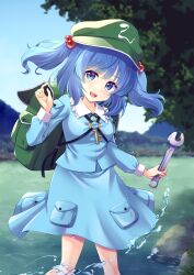Rule 34 | 1girl, :d, backpack, bag, blue eyes, blue hair, blue skirt, breasts, cabbie hat, day, feet out of frame, green hat, hair bobbles, hair ornament, hand up, hat, highres, holding, holding wrench, kawashiro nitori, key, long sleeves, looking at viewer, medium hair, murasaki atsushi, open mouth, outdoors, pocket, shirt, skirt, sky, small breasts, smile, solo, splashing, standing, teeth, touhou, two side up, upper teeth only, wading, water, wrench
