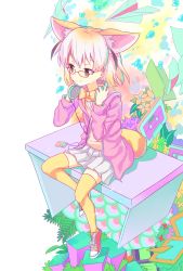 Rule 34 | 10s, absurdres, animal ears, bespectacled, blonde hair, bow, bowtie, brown eyes, cassette tape, colorful, converse, cyan aeolin, digital media player, fennec (kemono friends), floppy disk, flower, fox ears, fox tail, full body, glasses, headphones, highres, hood, hoodie, kemono friends, leaf, looking to the side, paper airplane, picture frame, plant, pleated skirt, red-framed eyewear, shoes, short hair, sitting, skirt, smile, sneakers, solo, table, tail, thighhighs, water drop, white skirt, yellow bow, yellow bowtie, yellow thighhighs, zettai ryouiki