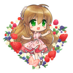 Rule 34 | 1girl, :d, ahoge, alternate costume, blueberry, blush stickers, braid, brown footwear, brown hair, chibi, colored eyelashes, commentary, dress, english commentary, eyes visible through hair, flower, food, food print, fruit, green eyes, hair between eyes, hair flower, hair ornament, hands up, happy, kanbe kotori, leaf, long hair, looking afar, may salamanya, open mouth, petticoat, pink dress, pink flower, puffy short sleeves, puffy sleeves, raspberry, rewrite, short sleeves, sidelocks, simple background, smile, solo, standing, strawberry, strawberry print, strawberry slice, striped clothes, striped dress, twin braids, vertical-striped clothes, vertical-striped dress, very long hair, w arms, wavy hair, white background, white flower