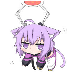 Rule 34 | 1girl, ahoge, animal ear fluff, animal ears, black hoodie, blush, cat ears, cat girl, cat tail, chibi, closed mouth, commentary request, crane game, hair between eyes, highres, hololive, hood, hoodie, kinka, long sleeves, looking at viewer, nekomata okayu, nekomata okayu (1st costume), pants, puffy long sleeves, puffy sleeves, purple eyes, purple hair, sidelocks, simple background, sleeves past wrists, solo, tail, virtual youtuber, white background, white pants