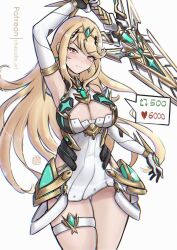 Rule 34 | 1girl, absurdres, arm up, armpits, bare shoulders, blonde hair, breasts, chascoby, chest jewel, cleavage, cleavage cutout, clothing cutout, core crystal (xenoblade), cowboy shot, dress, highres, holding, holding sword, holding weapon, large breasts, long hair, meme, mythra (xenoblade), panties, solo, sword, thigh strap, tiara, twitter strip game (meme), underwear, weapon, white dress, white panties, xenoblade chronicles (series), xenoblade chronicles 2, yellow eyes