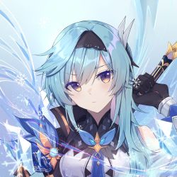 Rule 34 | 1girl, bad id, bad twitter id, black gloves, black hairband, blue hair, breasts, capelet, eula (genshin impact), genshin impact, gloves, hairband, highres, hi~, holding, holding weapon, ice, indonesian commentary, looking at viewer, medium breasts, purple eyes, shiroi ou, solo, upper body, weapon, weapon on back
