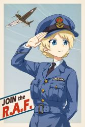 Rule 34 | 10s, 1girl, aircraft, airplane, arm behind back, arm behind head, belt, black necktie, blonde hair, blue belt, blue eyes, blue hair, blue jacket, braid, chanko, closed mouth, commentary request, contrail, crown, darjeeling (girls und panzer), dress shirt, emblem, english text, girls und panzer, hat, highres, jacket, looking to the side, military, military hat, military uniform, military vehicle, motion blur, necktie, outside border, partial commentary, peaked cap, poster (medium), propaganda, roundel, royal air force, shirt, short hair, smile, solo, standing, supermarine spitfire, twin braids, uniform, upper body, white shirt, wing collar, world war ii