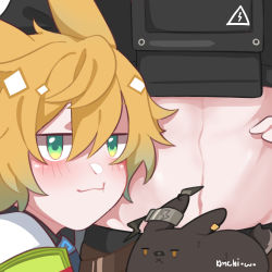 Rule 34 | 2boys, abs, absurdres, animal, animal ears, arknights, artist name, ayerscarpe (arknights), bishounen, blonde hair, blush, brown fur, bulletproof vest, commentary, english commentary, gloves, green eyes, hand on another&#039;s stomach, highres, kimchi15922858, leonhardt (arknights), male focus, multiple boys, rabbit ears, short hair, smile, tail