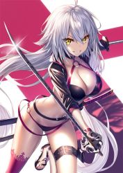 Rule 34 | 1girl, ahoge, bikini, black bikini, black gloves, black jacket, breasts, choker, cleavage, clenched teeth, commentary request, dual wielding, fate/grand order, fate (series), gloves, hair between eyes, heirou, holding, holding sword, holding weapon, jacket, jeanne d&#039;arc alter (swimsuit berserker) (fate), jeanne d&#039;arc (fate), jeanne d&#039;arc alter (fate), jeanne d&#039;arc alter (swimsuit berserker) (fate), large breasts, leaning forward, long hair, looking at viewer, o-ring, red thighhighs, shrug (clothing), silver hair, single thighhigh, smile, solo, standing, swimsuit, sword, teeth, thigh strap, thighhighs, weapon, yellow eyes