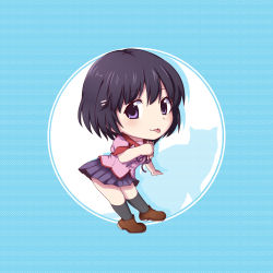 Rule 34 | 1girl, black hair, chibi, hanekawa tsubasa, highres, kuena, monogatari (series), purple eyes, school uniform, short hair, solo