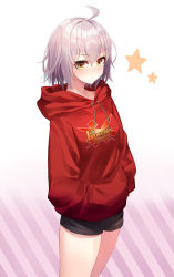 Rule 34 | 1girl, ahoge, black shorts, brown eyes, closed mouth, clothes writing, cowboy shot, drawstring, fate/grand order, fate (series), frown, gradient background, hands in pockets, highres, hood, hood down, hoodie, jeanne d&#039;arc (fate), jeanne d&#039;arc alter (avenger) (fate), jeanne d&#039;arc alter (fate), long sleeves, looking at viewer, minin982, red hoodie, short hair, short shorts, shorts, silver hair, solo, standing, star (symbol), striped, striped background, thighs, v-shaped eyebrows