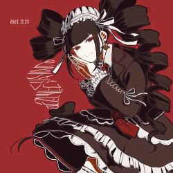 Rule 34 | 1girl, black hair, blunt bangs, bonnet, celestia ludenberg, danganronpa: trigger happy havoc, danganronpa (series), dated, drill hair, earrings, frilled skirt, frills, from side, gothic lolita, jacket, jewelry, kiri (2htkz), lolita fashion, long hair, looking at viewer, necktie, own hands together, red background, red eyes, red necktie, ribbon trim, simple background, skirt, smile, solo, twin drills, twintails
