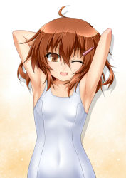 Rule 34 | 10s, 1girl, ;d, ahoge, alternate costume, armpits, arms up, blush, brown eyes, brown hair, fang, hair ornament, hairclip, ikazuchi (kancolle), kantai collection, looking at viewer, one-piece swimsuit, one eye closed, open mouth, roura, school swimsuit, short hair, smile, solo, swimsuit, white school swimsuit, white one-piece swimsuit