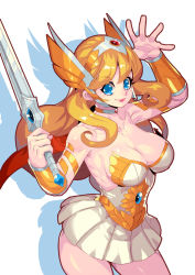 Rule 34 | 1girl, blonde hair, blue eyes, breasts, cape, fantasy, fengmo, headgear, large breasts, long hair, looking at viewer, masters of the universe, she-ra, simple background, skirt, smile, solo, sword, weapon, white background
