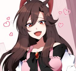 Rule 34 | 1girl, :d, alternate eye color, animal ear fluff, apron, bad id, bad twitter id, blush, breasts, brooch, brown hair, collarbone, commentary request, dress, eyelashes, gem, hair between eyes, happy, heart, highres, imaizumi kagerou, jewelry, kamenozoki momomo, kitchen, long hair, long sleeves, medium breasts, off-shoulder dress, off shoulder, open mouth, orange eyes, pink apron, red gemstone, shelf, sidelocks, slit pupils, smile, solo, standing, tail, teeth, tongue, touhou, upper body, upper teeth only, white dress, wolf tail