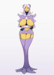 Rule 34 | 1girl, black eyes, black sclera, breasts, breasts out, closed mouth, colored sclera, colored skin, commentary, crossed arms, dress, flower, gloves, grey background, hair flower, hair ornament, highres, huge breasts, inverted nipples, long dress, looking at viewer, materclaws, monster girl, multicolored hair, original, purple dress, purple hair, solo, standing, streaked hair, yellow eyes, yellow skin