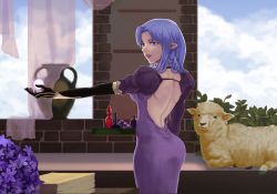 Rule 34 | 1girl, ass, backless outfit, ball, bare back, black gloves, blue eyes, blue hair, bottle, braid, medea (fate), counter, curtains, dress, elbow gloves, fate/grand order, fate (series), flower, gloves, hz (hae za), long dress, long hair, looking at viewer, looking back, outstretched arm, pointy ears, pot, puffy short sleeves, puffy sleeves, sheep, short sleeves, side braid, solo, window