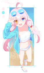 Rule 34 | 1girl, absurdres, ahoge, arm up, bikini, blue archive, blue eyes, blue headwear, blue jacket, blush, commentary request, covering face, drawstring, eyewear on head, frilled bikini, frills, full body, halo, hand up, heterochromia, highres, hoshino (blue archive), hoshino (swimsuit) (blue archive), jacket, kurageumisawa, long hair, long sleeves, low twintails, navel, official alternate costume, open clothes, open jacket, open mouth, pink hair, pink halo, sandals, smile, solo, standing, stomach, sunglasses, swimsuit, thighs, twintails, white bikini, white footwear, yellow eyes
