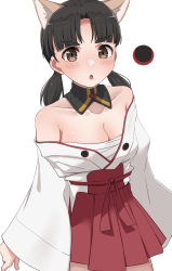 Rule 34 | 1girl, absurdres, animal ears, bare shoulders, black hair, breasts, brown eyes, cat ears, cleavage, collarbone, cowboy shot, detached collar, emu 1316, highres, japanese clothes, kawaguchi fumiyo, large breasts, long sleeves, medium hair, miniskirt, off shoulder, open mouth, red ribbon, red skirt, ribbon, simple background, single vertical stripe, skirt, solo, twintails, v-shaped eyebrows, white background, wide sleeves, world witches series