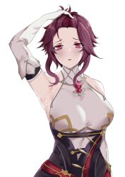 Rule 34 | 1girl, arm at side, armpits, bad id, bad pixiv id, bare shoulders, breasts, collar, detached sleeves, elbow gloves, genshin impact, gloves, hair pulled back, hand in own hair, highres, hukii, large breasts, looking at viewer, open mouth, pink eyes, purple hair, rosaria (genshin impact), short hair, sidelocks, simple background, sweat, upper body, white background