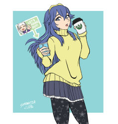 Rule 34 | 2girls, artist name, blue eyes, blue hair, brand name imitation, casual, cellphone, closed eyes, coffee, coffee cup, cup, disposable cup, english text, fire emblem, fire emblem awakening, headband, long hair, lucina (fire emblem), multiple girls, nintendo, open mouth, pantyhose, phone, print legwear, robin (female) (fire emblem), robin (fire emblem), samanator club, signature, skirt, smartphone, smile, star (symbol), star print, starbucks, tiki (fire emblem), twintails, white hair