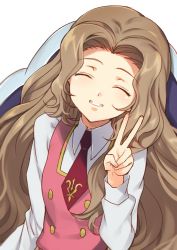 Rule 34 | 1girl, brown hair, closed eyes, code geass, collared shirt, creayus, facing viewer, hand up, long hair, long sleeves, necktie, nunnally vi britannia, pink vest, red necktie, shirt, simple background, sitting, smile, solo, upper body, very long hair, vest, white background, white shirt
