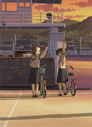 Rule 34 | 00s, 2girls, bicycle, brown hair, dusk, hitotsubashi yurie, kamichu!, lowres, multiple girls, naruko hanaharu, school uniform, serafuku, shijou mitsue, waving