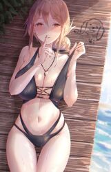 Rule 34 | bikini, blonde hair, breasts, brown eyes, commentary request, cowboy shot, finger to mouth, folded ponytail, gluteal fold, highres, kinom (sculpturesky), large breasts, long hair, mature female, multi-strapped bikini, navel, swimsuit, thigh gap, yahari ore no seishun lovecome wa machigatteiru., yuigahama yui&#039;s mother
