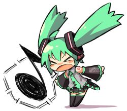 Rule 34 | &gt; &lt;, 1girl, chibi, detached sleeves, closed eyes, green hair, gunjima souichirou, hatsune miku, long hair, musical note, necktie, open mouth, solo, spoken musical note, thighhighs, twintails, vocaloid, wide sleeves