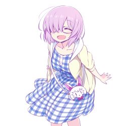 Rule 34 | 1girl, ^ ^, bag, chan co, closed eyes, dress, fate/grand order, fate (series), glasses, hair over one eye, handbag, jacket, mash kyrielight, mash kyrielight (senpai killer outfit), official alternate costume, plaid, plaid dress, purple hair, short hair, simple background, smile, solo, standing, white background, yellow jacket