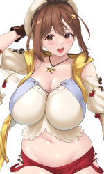 Rule 34 | 1girl, absurdres, atelier (series), atelier ryza, bare shoulders, beret, black ribbon, blush, breasts, brown eyes, brown gloves, brown hair, camisole, cleavage, collarbone, detached sleeves, gloves, hair ornament, hairclip, hat, highres, jewelry, kemigawa mondo, large breasts, looking at viewer, navel, necklace, open clothes, open mouth, open vest, red shorts, reisalin stout, ribbon, short hair, short shorts, shorts, single glove, smile, solo, star (symbol), star necklace, thighs, vest, white camisole, white hat, yellow vest