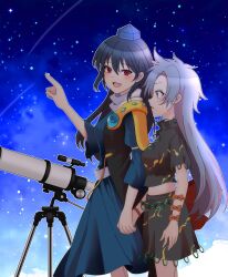 Rule 34 | 2girls, :d, armor, black shirt, blue dress, blue hair, blush, bow, breasts, dark blue hair, dress, grey hair, hair between eyes, hat, highres, himemushi momoyo, holding hands, iizunamaru megumu, large breasts, long hair, looking ahead, looking at another, messy hair, midriff, multiple girls, night, night sky, oni tama, open mouth, orange bow, outline, parted lips, pauldrons, pointing, pointing up, profile, red eyes, shirt, short sleeves, shoulder armor, single pauldron, sky, smile, standing, star (sky), starry sky, telescope, tokin hat, touhou, very long hair, waistcoat, white outline, yuri
