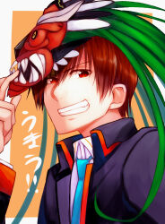 Rule 34 | 1boy, 2020, absurdres, black jacket, blue necktie, brown hair, close-up, collared shirt, dated commentary, eyes visible through hair, grin, hair between eyes, highres, jacket, little busters!, long sleeves, looking at viewer, mask, mask on head, mask the saito, natsume kyousuke, necktie, nose, orange background, rakka, red eyes, school uniform, shirt, short hair, simple background, smile, solo, translated, v-shaped eyebrows, white shirt