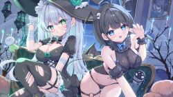 2girls :o aqua_bow aqua_eyes armband bare_shoulders black_armband black_hair black_hat black_panties black_thighhighs black_wrist_cuffs blue_bow blue_bowtie blue_eyes blue_gemstone blush bow bowtie breasts candle cleavage commentary_request cowlick demon_tail fake_wings fingernails frilled_armband frilled_wrist_cuffs frills gem gloves green_eyes hair_wings hand_on_headwear hand_up hat heterochromia highres indoors large_breasts long_hair looking_at_viewer mikaze_oto multiple_girls navel night open_mouth original panties stomach tail thigh_strap thighhighs torn_clothes torn_thighhighs underwear very_long_hair white_gloves white_hair wings wrist_cuffs