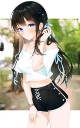 Rule 34 | 1girl, bare shoulders, black hair, black shorts, blue eyes, blurry, bokeh, bra strap, bracelet, breasts, choker, collarbone, cowboy shot, crop top, crop top overhang, depth of field, hair ribbon, hand on own thigh, hand up, high-waist shorts, highres, jewelry, lebring, long hair, looking at viewer, medium breasts, midriff, navel, off-shoulder shirt, off shoulder, original, ribbon, shirt, short shorts, short sleeves, shorts, sidelocks, solo, spaghetti strap, standing, thighs, white choker, white shirt