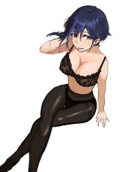 Rule 34 | 1girl, absurdres, bird/binary, black bra, blue eyes, blue hair, bra, breasts, chinese commentary, ciel (bird/binary), cleavage, hair behind ear, hair ornament, hairclip, hand in own hair, highres, looking up, medium breasts, mingtian c ao, pantyhose, short hair, sitting, smile, solo, tongue, tongue out, underwear