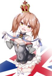 Rule 34 | 1girl, :d, anchor symbol, azur lane, bow legwear, brown hair, commentary request, cosplay, covered navel, crown, detached collar, detached sleeves, fang, flat chest, glove bow, gloves, kantai collection, kirigakure (kirigakure tantei jimusho), long hair, looking at viewer, mini crown, open mouth, queen elizabeth (azur lane), queen elizabeth (azur lane) (cosplay), ryuujou (kancolle), smile, solo, strapless, thighhighs, twintails, union jack, white background, white gloves, white thighhighs, yellow eyes, zettai ryouiki