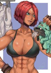 Rule 34 | abs, absurdres, blue eyes, breasts, cleavage, dark-skinned female, dark skin, dog, fingerless gloves, giovanna (guilty gear), gloves, guilty gear, guilty gear strive, hand on own hip, highres, large breasts, lips, luisocscomics, muscular, muscular female, red hair, short hair, upper body