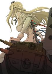 Rule 34 | 10s, 1girl, bad id, bad twitter id, blonde hair, boushi-ya, braid, breasts, cable, cannon, chair, crown, cyborg, french braid, from below, from side, hat, kantai collection, long hair, looking away, machinery, simple background, solo, subdermal port, turret, warspite (kancolle), white background, wire