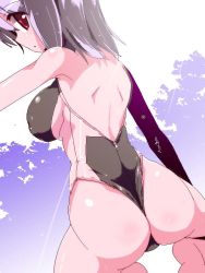 Rule 34 | 1girl, ass, backless outfit, bare back, bare shoulders, breasts, competition swimsuit, large breasts, long hair, miuku (marine sapphire), one-piece swimsuit, one-piece thong, original, red eyes, silver hair, solo, squatting, swimsuit, unzipped, zipper