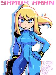 Rule 34 | 1girl, :|, blonde hair, blue eyes, blush, bodysuit, bracelet, breasts, character name, closed mouth, contrapposto, covered navel, cowboy shot, drop shadow, gloves, gun, hair between eyes, halftone, hand on own hip, handgun, high ponytail, highres, holding, holding gun, holding weapon, jewelry, large breasts, long hair, looking at viewer, metroid, mole, mole under mouth, neon trim, nintendo, ponytail, rariatto (ganguri), redrawn, ridley, samus aran, sidelocks, simple background, solo, standing, super smash bros., turtleneck, v-shaped eyebrows, weapon, white background, zero suit