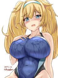 Rule 34 | 1girl, black one-piece swimsuit, blonde hair, blue eyes, blue one-piece swimsuit, blush, breasts, collarbone, competition swimsuit, covered navel, dated, gambier bay (kancolle), gradient background, grey background, hairband, hand on own chest, highleg, highleg swimsuit, highres, impossible clothes, impossible swimsuit, kantai collection, large breasts, looking at viewer, montemasa, multicolored clothes, multicolored swimsuit, one-hour drawing challenge, one-piece swimsuit, open mouth, solo, swimsuit, tears, twintails, twitter username, two-tone swimsuit, wet, wet clothes, wet swimsuit
