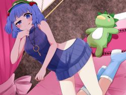 Rule 34 | 1girl, bad id, bad pixiv id, blue footwear, blue hair, blue sweater, blush, boots, chain, curtains, doescat2, doll, green hat, hair bobbles, hair ornament, hat, heart, heart-shaped pupils, highres, jewelry, kawashiro nitori, key, key necklace, kneeling, licking lips, looking at viewer, meme attire, necklace, on bed, ribbed sweater, solo, sweater, symbol-shaped pupils, thighs, tongue, tongue out, touhou, two side up, virgin killer sweater