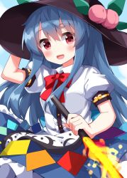 Rule 34 | 1girl, black headwear, blue hair, blue skirt, blush, buttons, center frills, collared shirt, frills, fruit hat ornament, hair between eyes, hat ornament, highres, hinanawi tenshi, holding, holding sword, holding weapon, long hair, looking at viewer, open mouth, peach hat ornament, puffy short sleeves, puffy sleeves, red eyes, ruu (tksymkw), shirt, short sleeves, skirt, smile, solo, sword, sword of hisou, touhou, weapon, white shirt