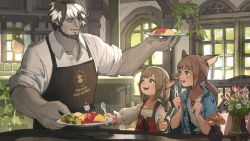Rule 34 | 1boy, 2girls, :d, apron, warrior of light (ff14), beard, black apron, black hair, blouse, blue eyes, blue jacket, blush, bouquet, brown flower, brown hair, character request, collared shirt, colored skin, commentary request, day, dress, facial hair, fictional persona, final fantasy, final fantasy xiv, flower, food, fork, green eyes, grey skin, hair over one eye, holding, holding fork, holding plate, holding spoon, indoors, jacket, lalafell, long hair, long sleeves, low twintails, miqo&#039;te, moogle, multicolored hair, multiple girls, off-shoulder shirt, off shoulder, omelet, omurice, open clothes, open jacket, open mouth, plate, pointy ears, purple flower, red dress, sasumata jirou, shirt, short sleeves, signature, sleeveless, sleeveless dress, sleeves rolled up, smile, spoon, square enix, table, teeth, twintails, two-tone hair, upper teeth only, white flower, white hair, white shirt, wide sleeves, window