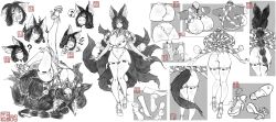 Rule 34 | 1girl, ?, absurdres, animal ears, ass, bell, blush, breasts, cleavage, closed mouth, closed eyes, facial mark, facing viewer, fox ears, fox tail, greyscale, highres, large breasts, looking at viewer, monochrome, naidong (artist), navel, original, short hair, smile, tail, thighhighs