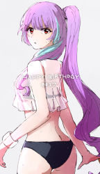 Rule 34 | 1girl, :o, bikini, black bikini, blue hair, bracelet, cropped shirt, frilled shirt, frills, from behind, grey background, highres, jewelry, long hair, looking at viewer, looking back, macross, macross delta, mikumo guynemer, multicolored hair, open hands, ponytail, red eyes, see-through, see-through shirt, shima (delta kb), shirt, solo, streaked hair, sweat, swimsuit, very long hair