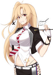 Rule 34 | 1girl, alternate breast size, azur lane, belt, black jacket, black shorts, blonde hair, breasts, checkered clothes, checkered jacket, cleveland (azur lane), cleveland (muse) (azur lane), clothing cutout, collared shirt, cropped jacket, dated, fingerless gloves, gloves, grin, hand up, hexagram, highleg, holding, jacket, large breasts, long hair, looking at viewer, midriff, navel, necktie, one side up, open clothes, open jacket, red eyes, shirt, short sleeves, shorts, side cutout, sidelocks, signature, simple background, smile, solo, twitter username, unel, upper body, white background, white gloves, white shirt