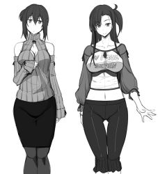Rule 34 | 2girls, breasts, cleavage, clothes writing, crop top, detached sleeves, english text, fue (rhomphair), greyscale, large breasts, long hair, looking at viewer, meme attire, midriff, monochrome, multiple girls, navel, one side up, open-chest sweater, pantyhose, pencil skirt, ribbed sweater, short hair, skirt, sleeves past wrists, smile, sweater, thigh gap, turtleneck