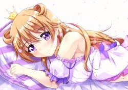 Rule 34 | 1girl, artist name, artist request, bare shoulders, bed, blush, bow, bracelet, breasts, brown hair, choker, cleavage, collarbone, crown, detached collar, double bun, dress, dress bow, female focus, flower, frilled dress, frills, hair between eyes, hair bun, hair flower, hair ornament, hair rings, highres, jewelry, konoe kanata, long hair, looking at viewer, love live!, love live! nijigasaki high school idol club, love live! school idol festival, mini crown, nemureru mori ni ikitai na, nemureru mori ni ikitai na (love live!), on bed, parted lips, pearl bracelet, pillow, plaid, plaid dress, pleated, pleated dress, puffy short sleeves, puffy sleeves, purple bow, purple dress, purple eyes, ribbon, short sleeves, smile, solo, sparkle, striped pillow, upper body, white background, white dress, white flower, white wrist cuffs, wrist cuffs, yellow choker, yellow detached collar