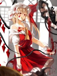 Rule 34 | 2girls, ascot, asymmetrical hair, asymmetrical wings, backlighting, bad id, bad pixiv id, bare shoulders, blonde hair, blood, blood on face, blood splatter, blurry, bow, bra strap, braid, clenched hand, death, depth of field, dress, flandre scarlet, frilled hat, frills, hair bow, hat, hat bow, indoors, kirisame marisa, laevatein, looking away, mob cap, mouth hold, multiple girls, out of frame, red dress, red eyes, short hair, side ponytail, single braid, solo focus, torn clothes, torn hat, touhou, weapon, wings, witch hat, wrist cuffs, yen (ibukinari)