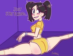 Rule 34 | 1girl, aged down, ass, black hair, blue eyes, blush, from behind, highres, honeymapache, looking at viewer, looking back, on floor, open mouth, purple background, shorts, sitting, skullgirls, smile, socks, solo, squigly (skullgirls), stretching, sweat, thick thighs, thighs, twintails, wristband